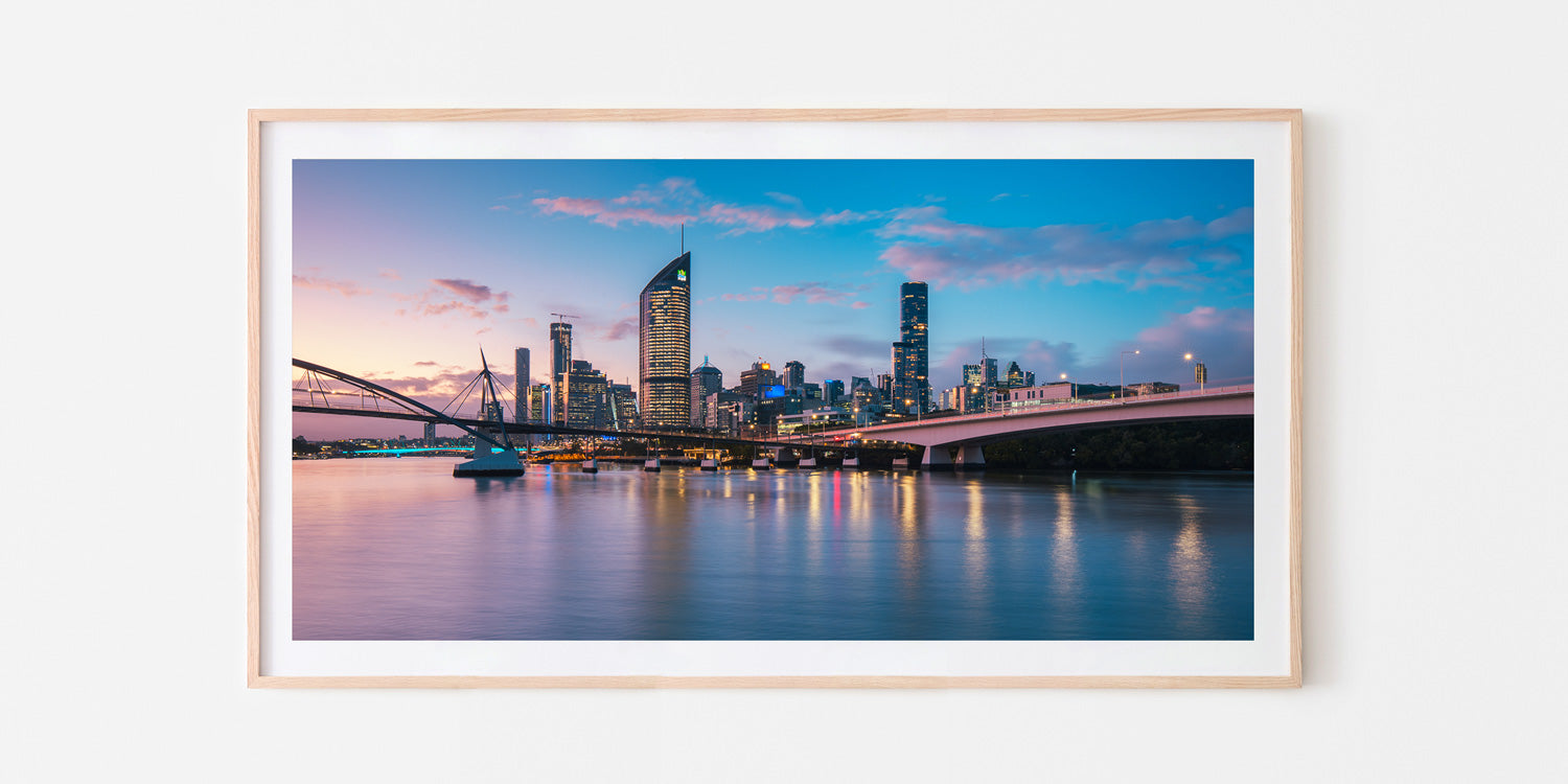 Brisbane City Panorama Oak Framed Print