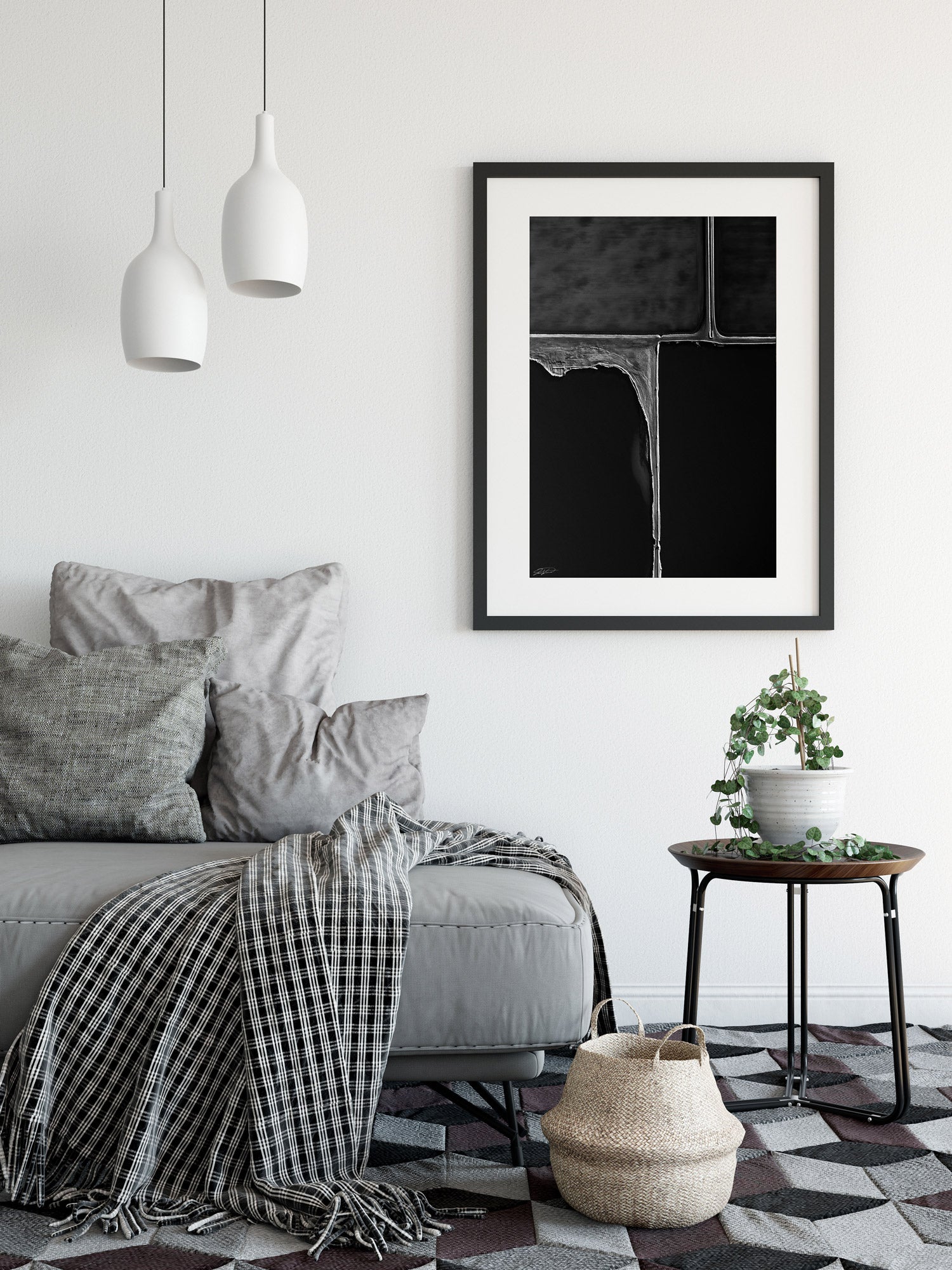 black and white framed abstract art print