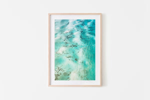 Abstract beach print framed in an oak frame