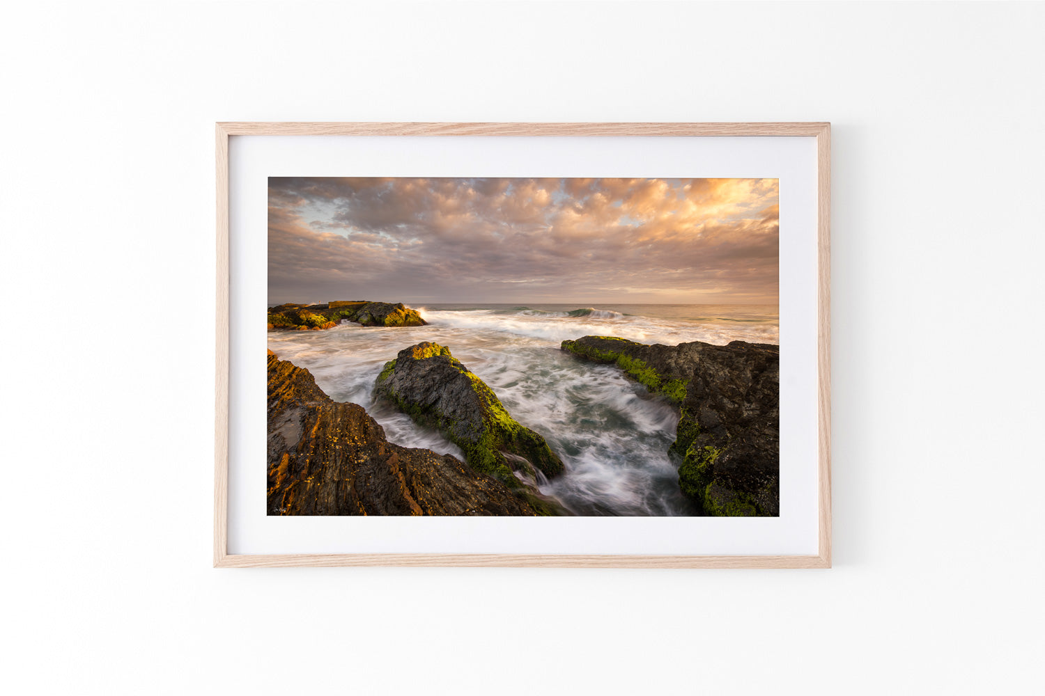 Snapper Rocks Sunrise Beach Print Oak Frame