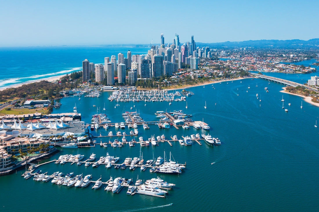 Aerial print of Marina Mirage, the boats and the Surfers Paradise skyline, Gold Coast wall art