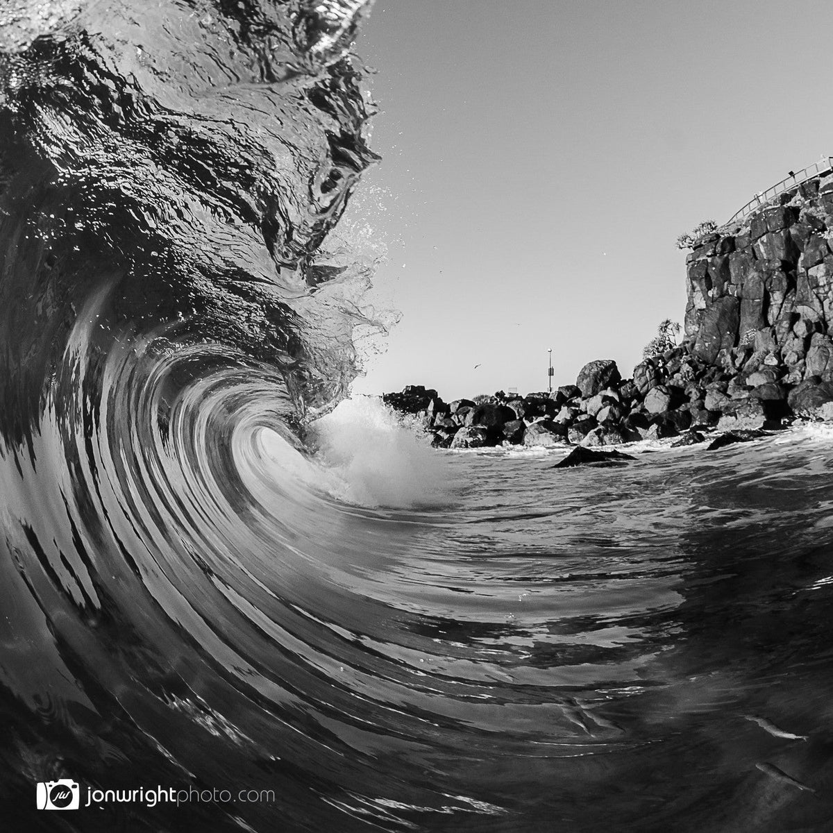 Black and white curl, a wave breaking at Duranbah, Gold Coast, Queensland