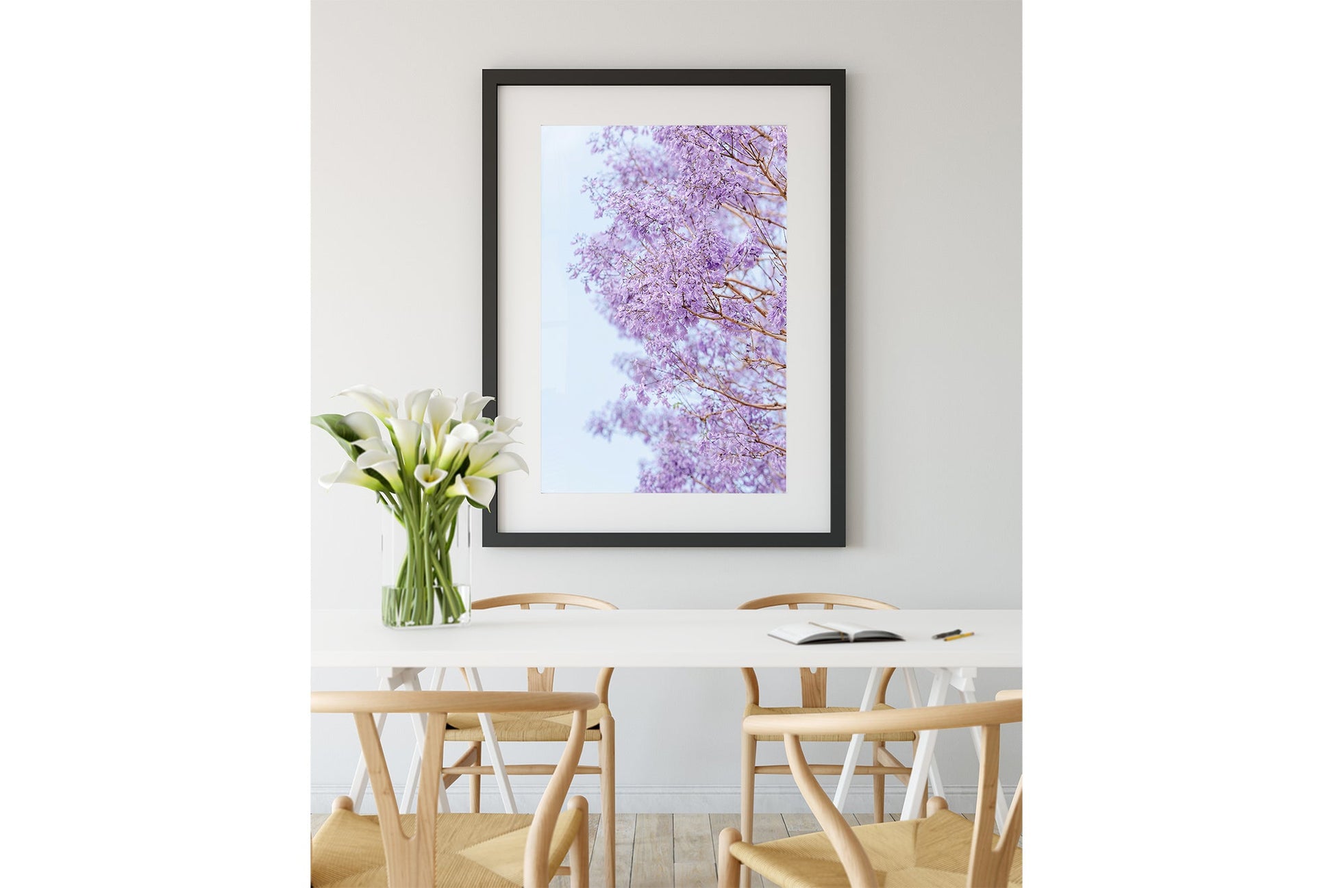 The Jacaranda Veil print shown framed in black.
