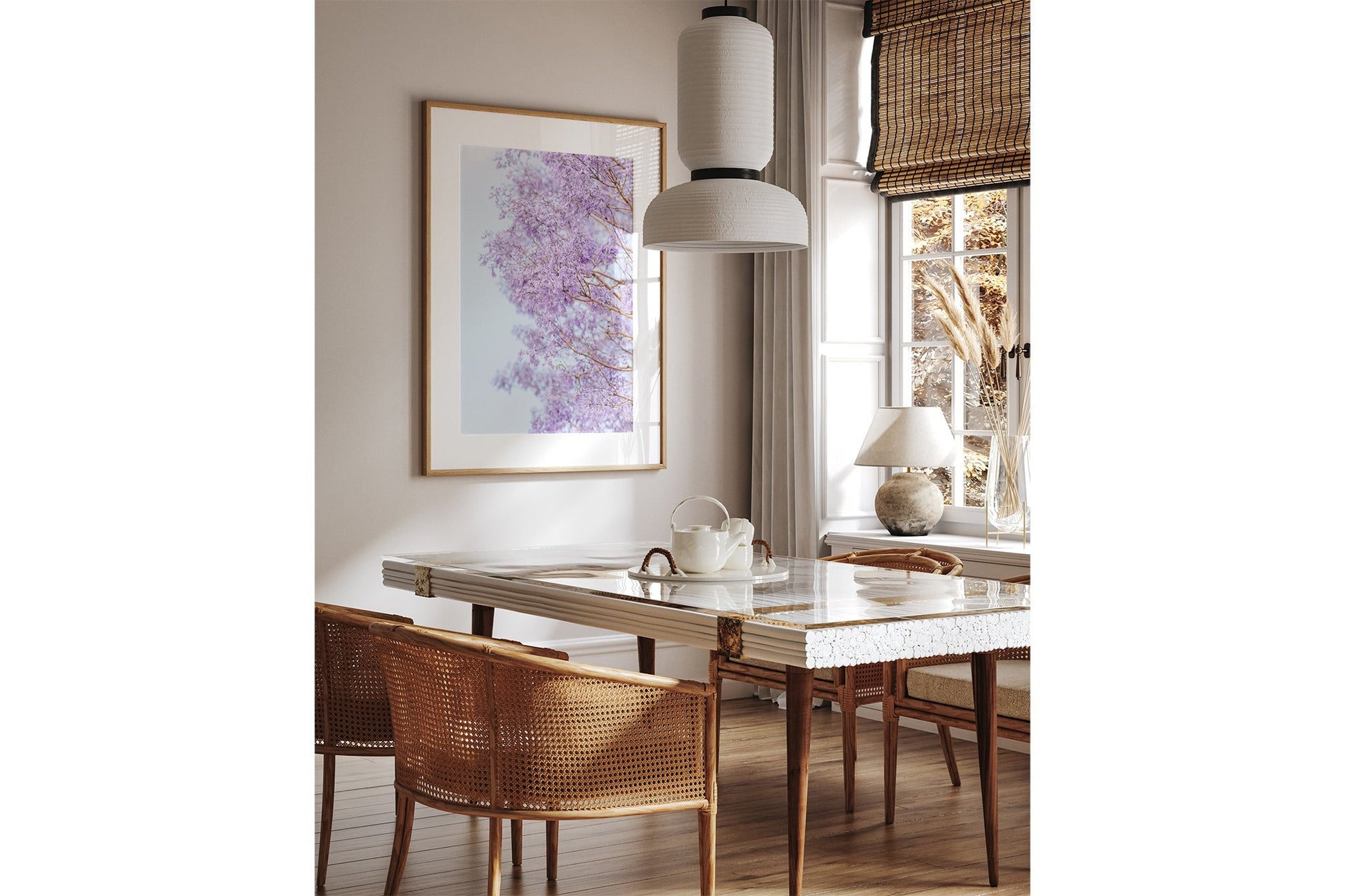 The Jacaranda Veil print shown framed in oak.
