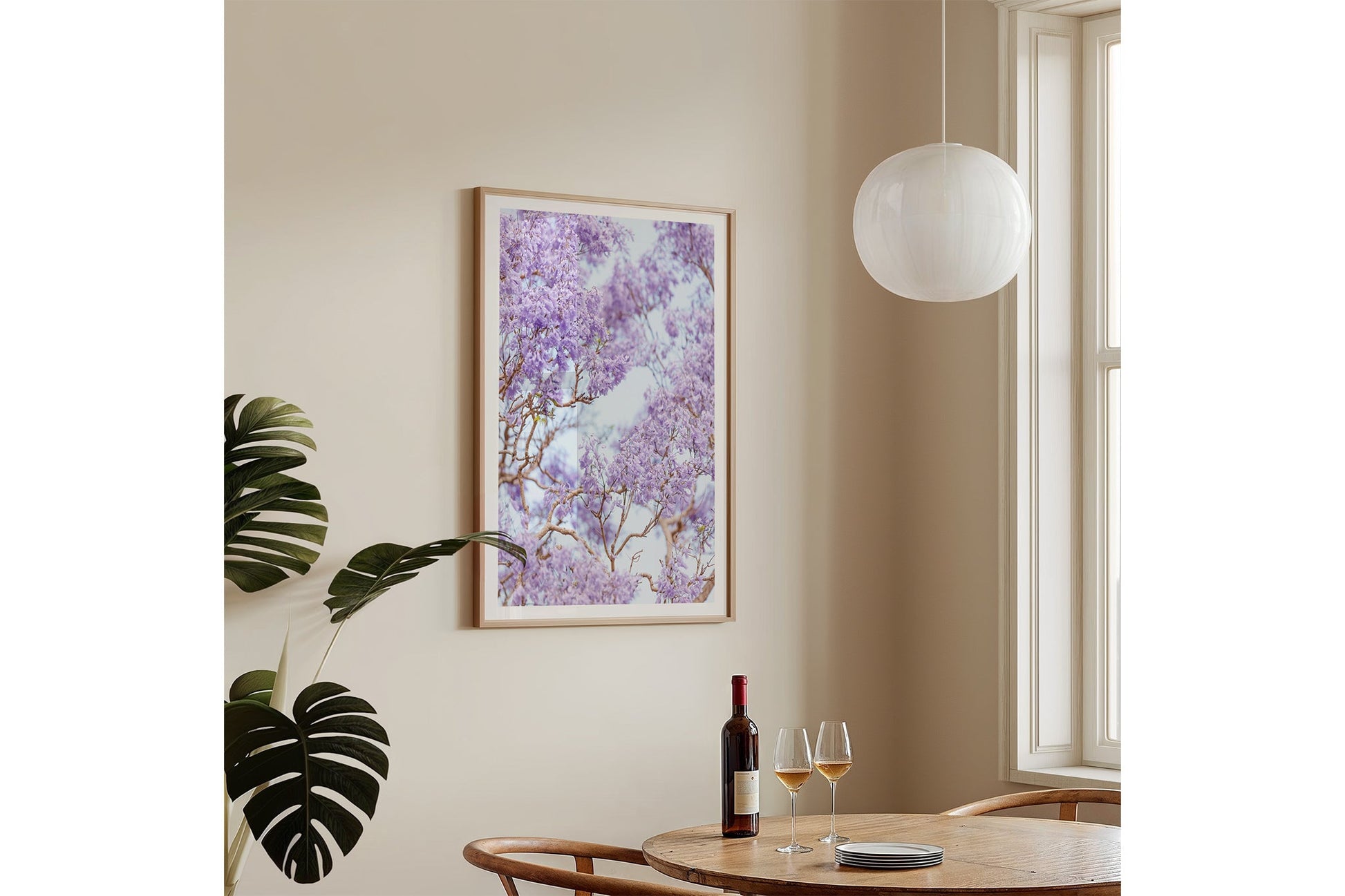 The Purple Canopy print shown framed in oak, hung on a wall.
