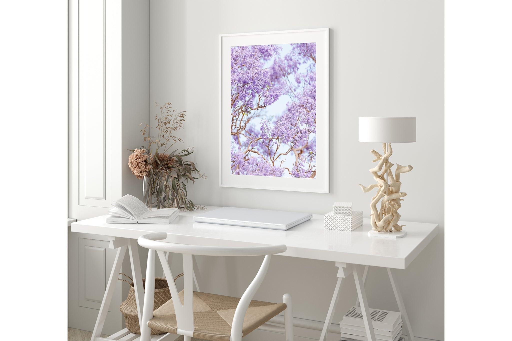 The Purple Canopy print shown framed in white in a coastal-styled room.