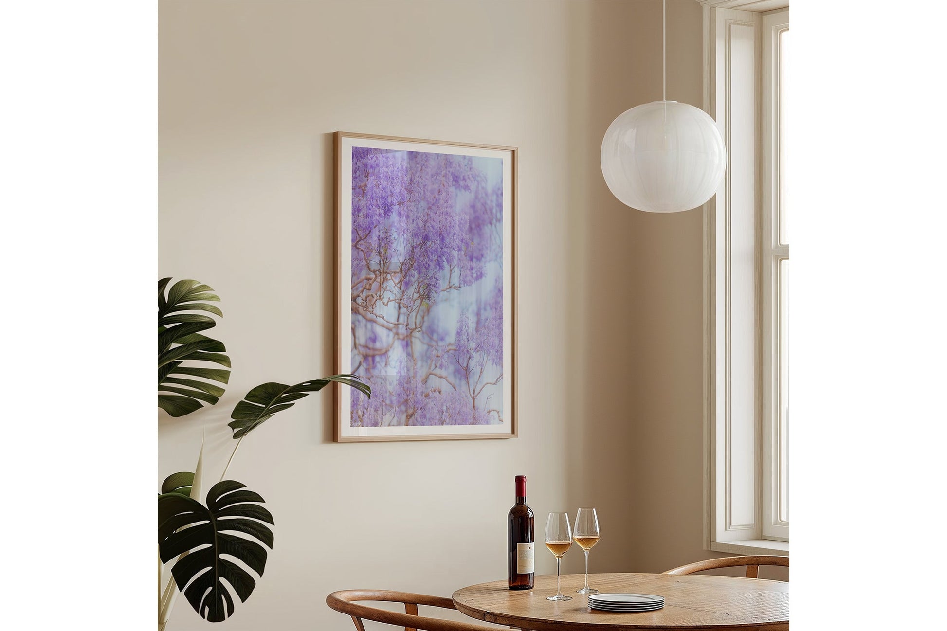 The Lavender Dream print shown framed in oak, hung on a wall.