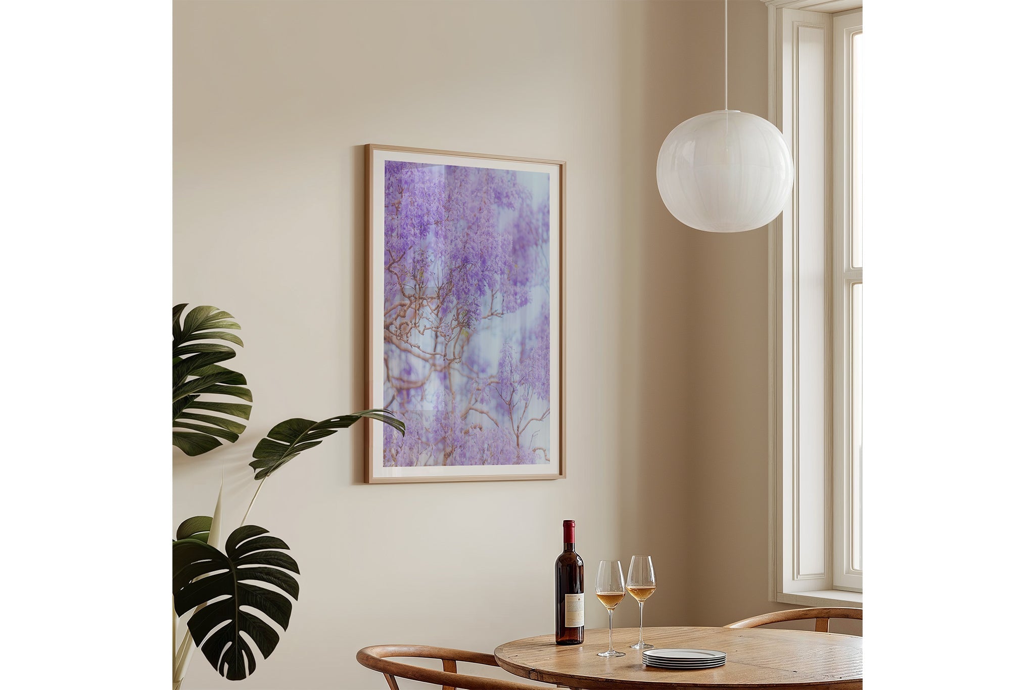 The Lavender Dream print shown framed in oak, hung on a wall.