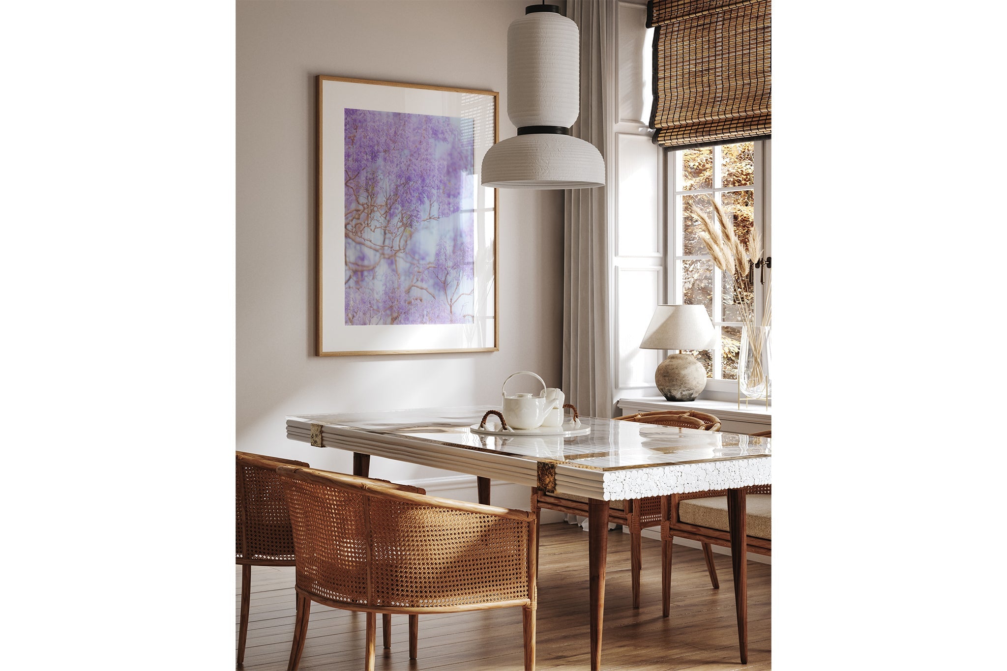 The Lavender Dream print shown framed in oak.