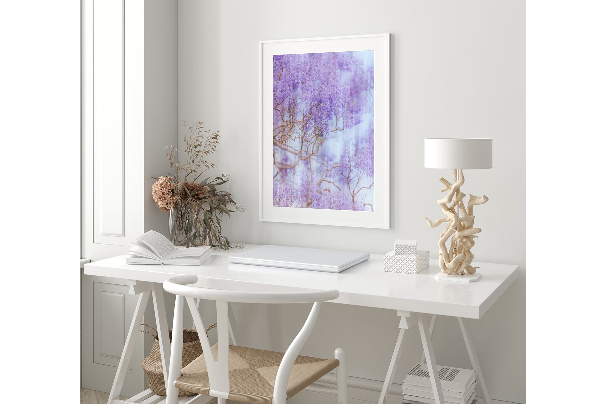 The Lavender Dream print shown framed in white in a coastal-styled room.