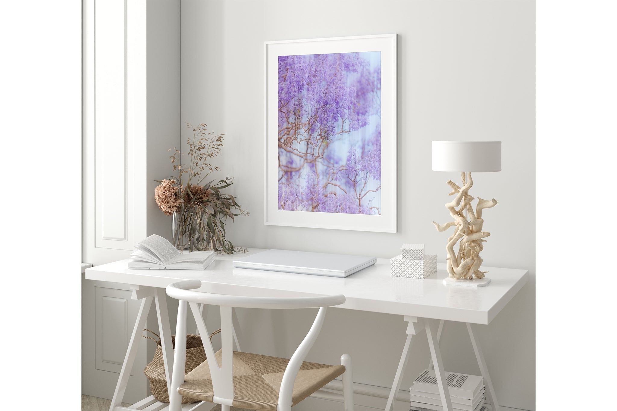The Lavender Dream print shown framed in white in a coastal-styled room.