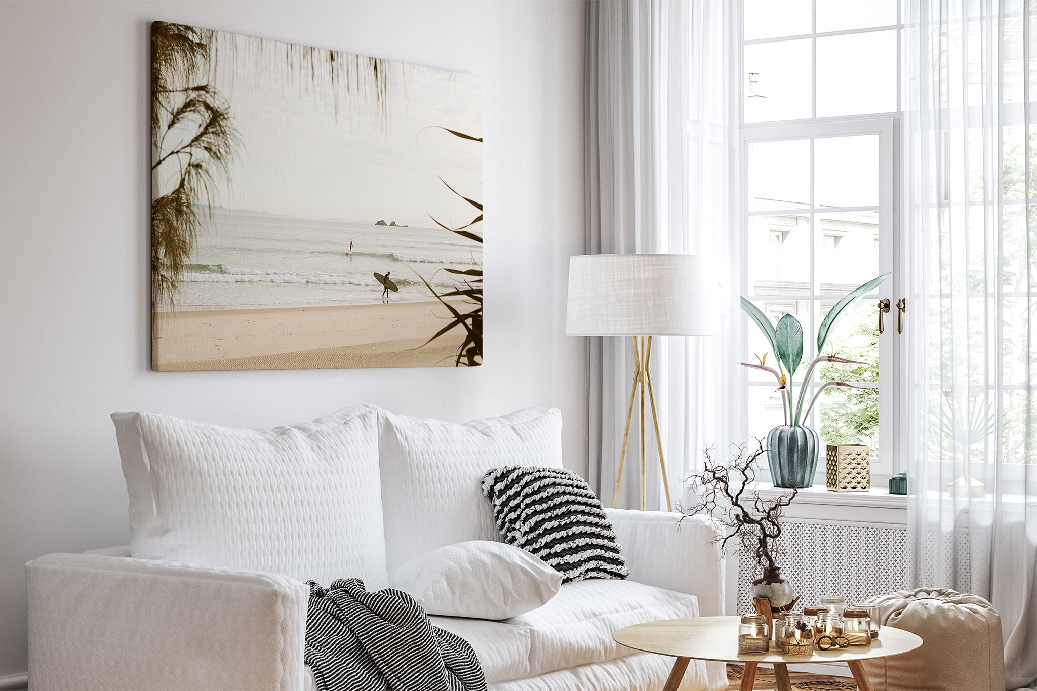 Byron Bay pastel surf print shown as a canvas in a white room.