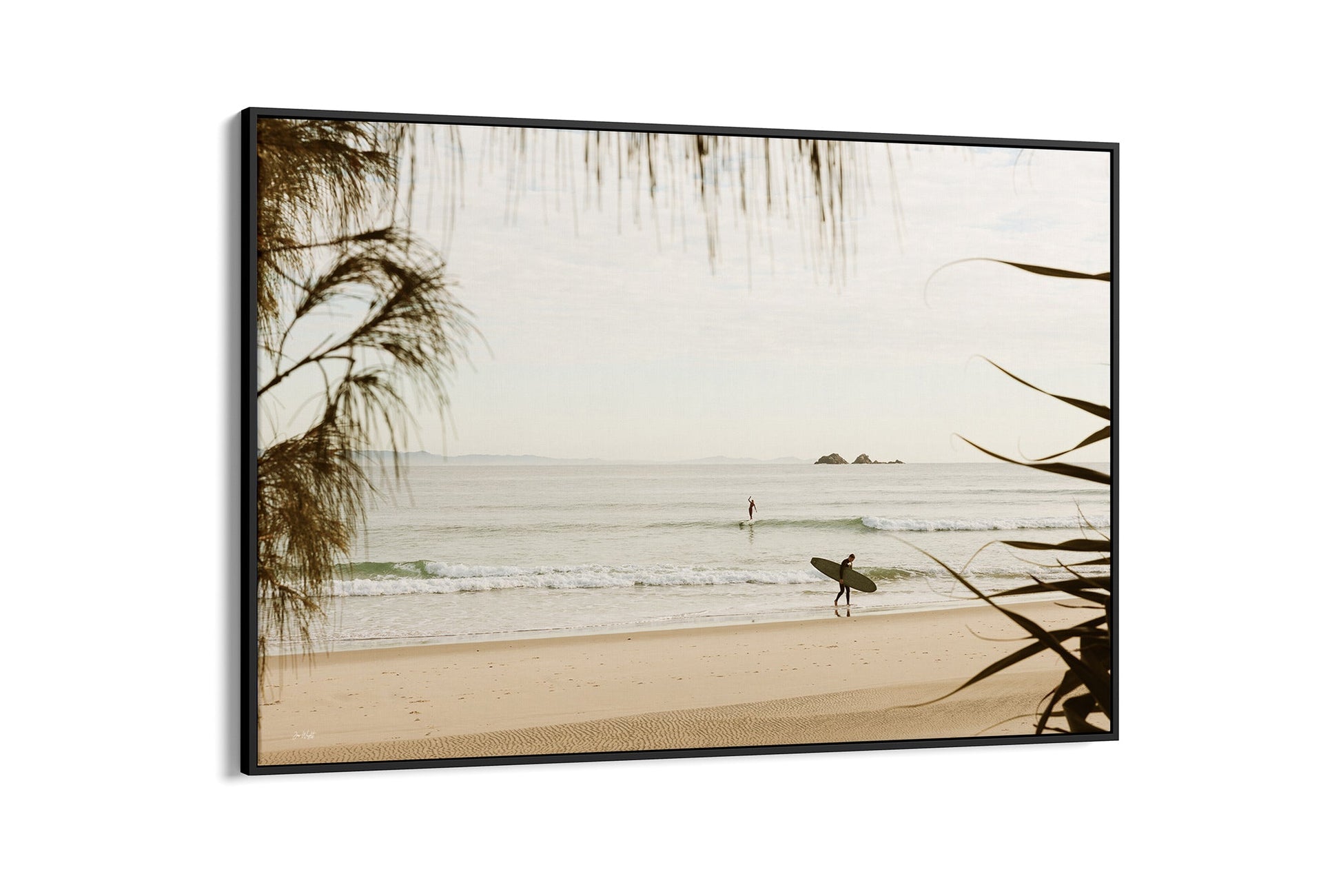 Byron Bay pastel surf print shown as a black float frame canvas.