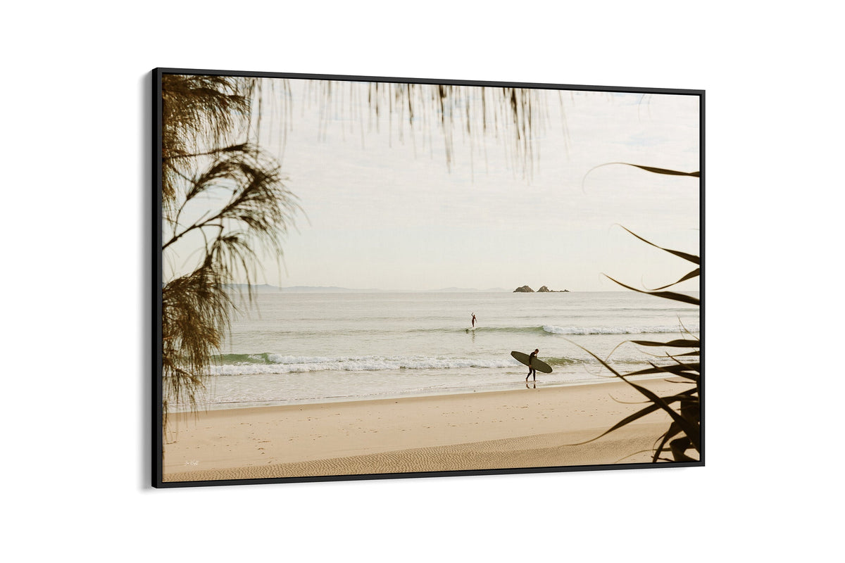 Byron Bay pastel surf print shown as a black float frame canvas.