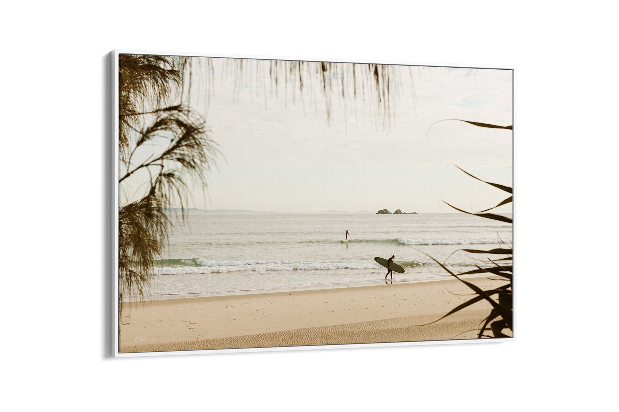 Byron Bay pastel surf print shown as a white float frame canvas.