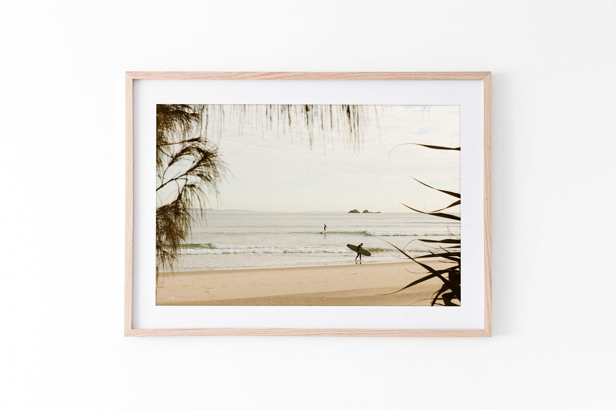 Byron Bay pastel surf print shown framed in oak.