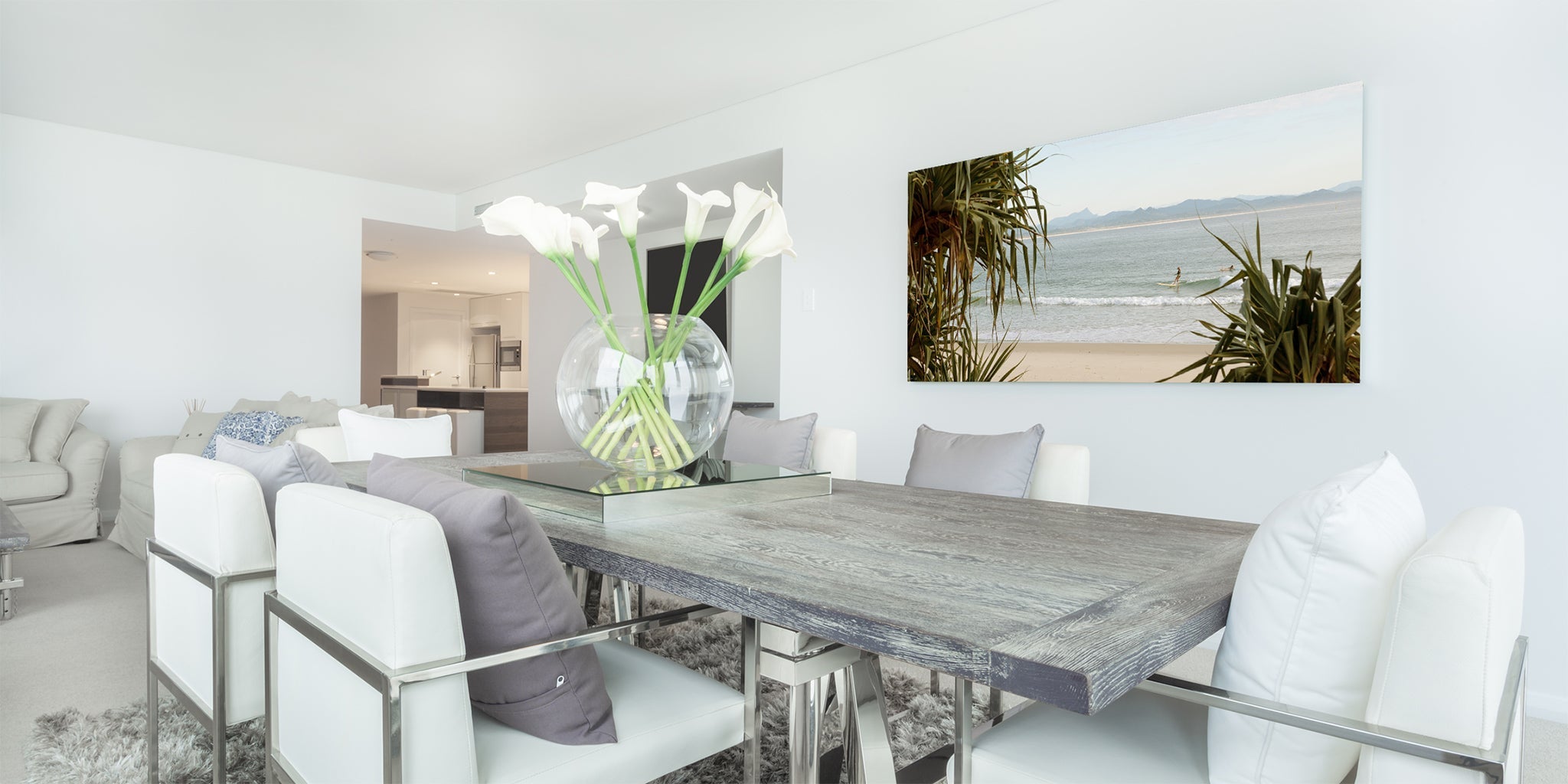 Byron Bay panoramic surf print shown as an acrylic face mount.