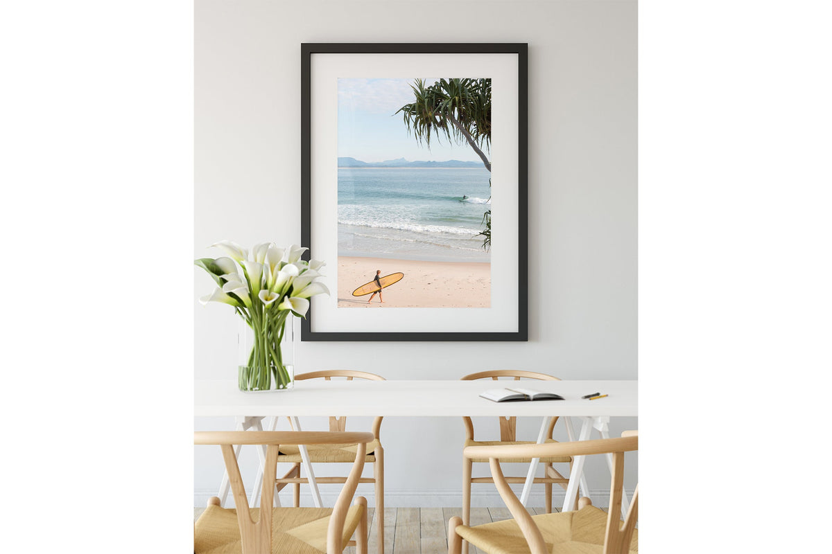 Yellow longboard Byron Bay print shown framed in black.
