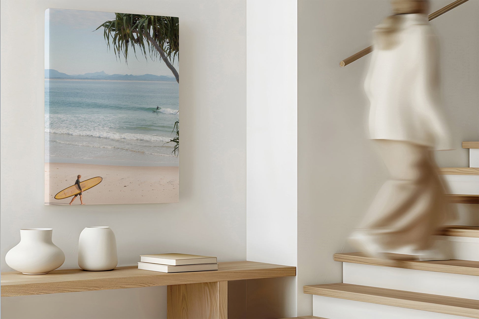 Yellow longboard Byron Bay print shown as a gallery canvas.