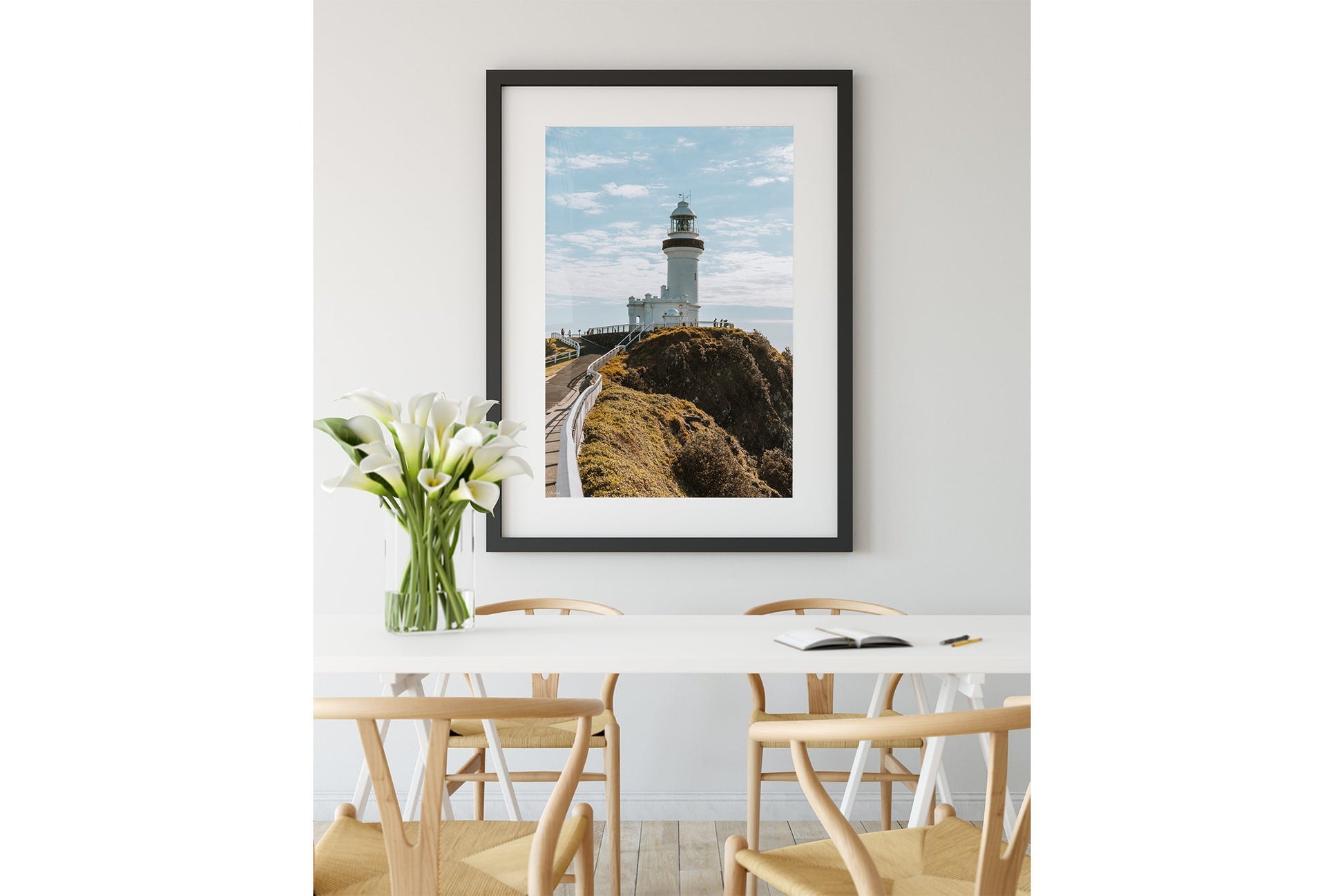 Cape Byron Lighthouse print shown framed in black.