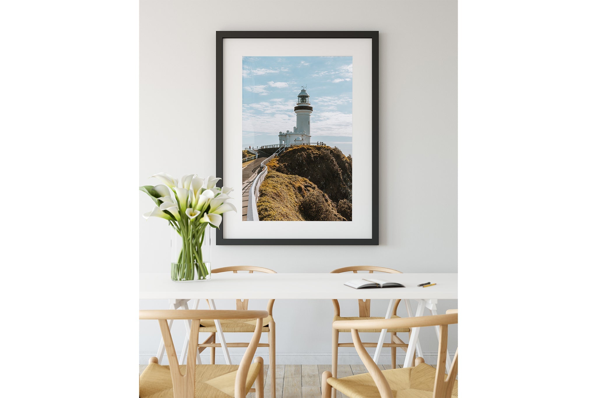 Cape Byron Lighthouse print shown framed in black.