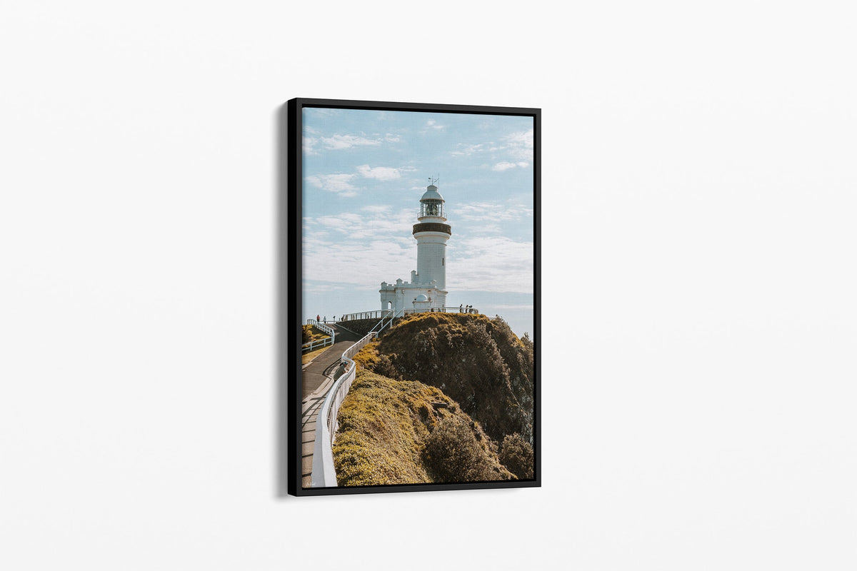Cape Byron Lighthouse print shown as a black float frame canvas.
