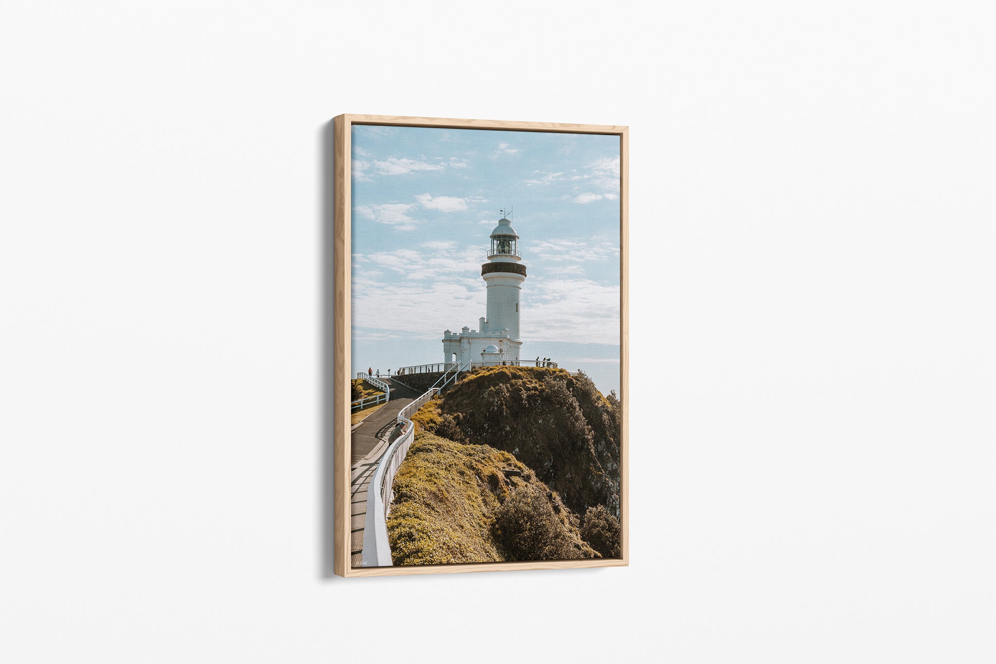 Cape Byron Lighthouse print shown as an oak float frame canvas.