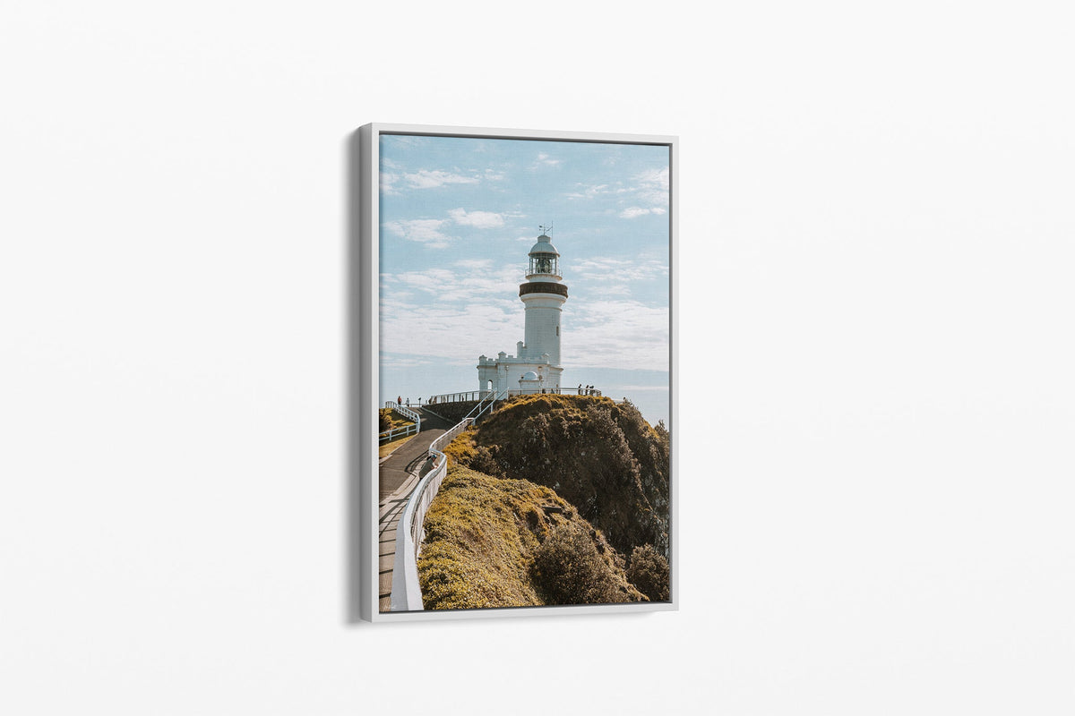 Cape Byron Lighthouse print shown as a white float frame canvas.