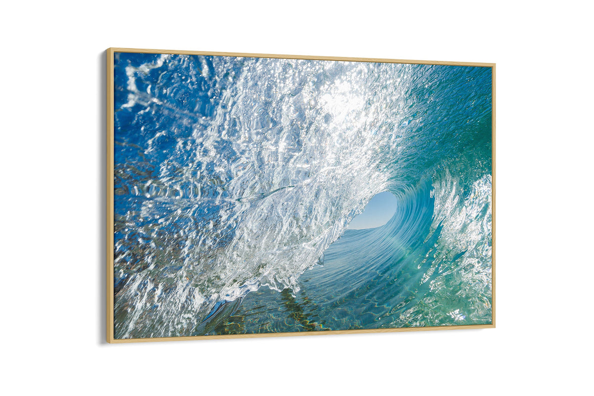 Glass Tunnel print shown as a canvas in an oak float frame.