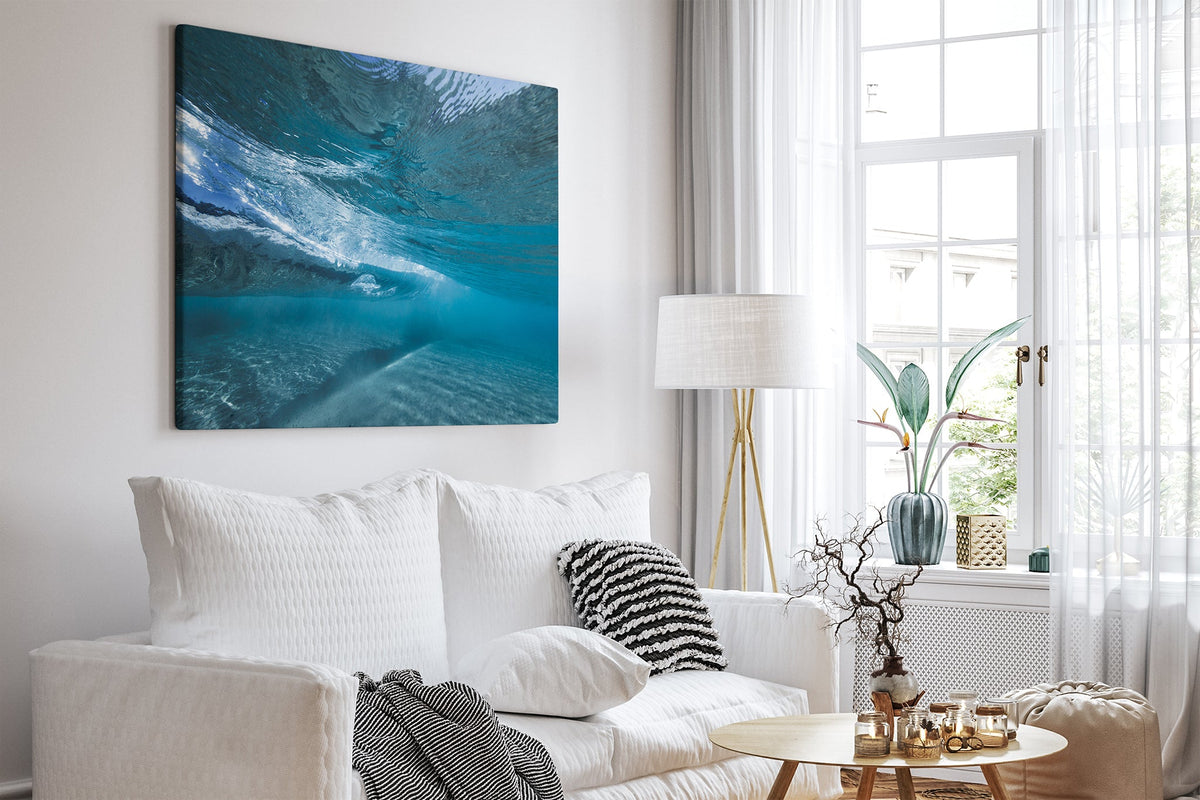 Quiet Shallows print shown as a canvas print in a white room.