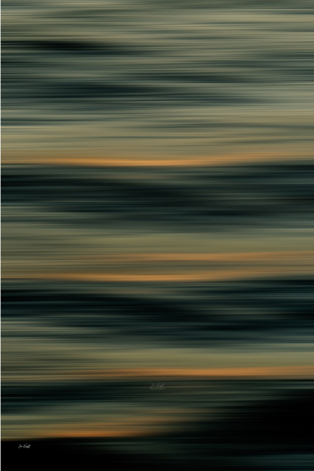 Layered horizontal bands of deep teal, olive and charcoal water crossed by thin lines of amber light, a slow shutter abstract print.