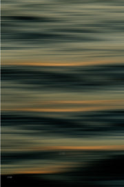 Layered horizontal bands of deep teal, olive and charcoal water crossed by thin lines of amber light, a slow shutter abstract print.