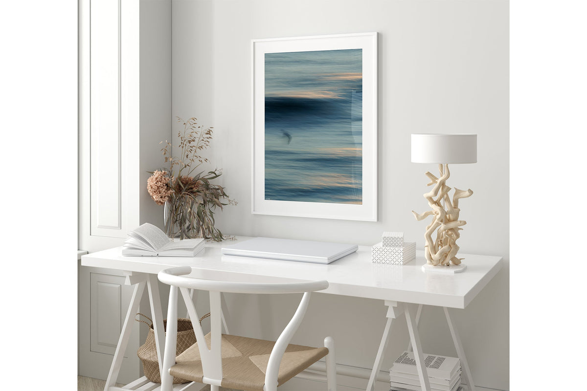 Gull Drift print shown framed in white.