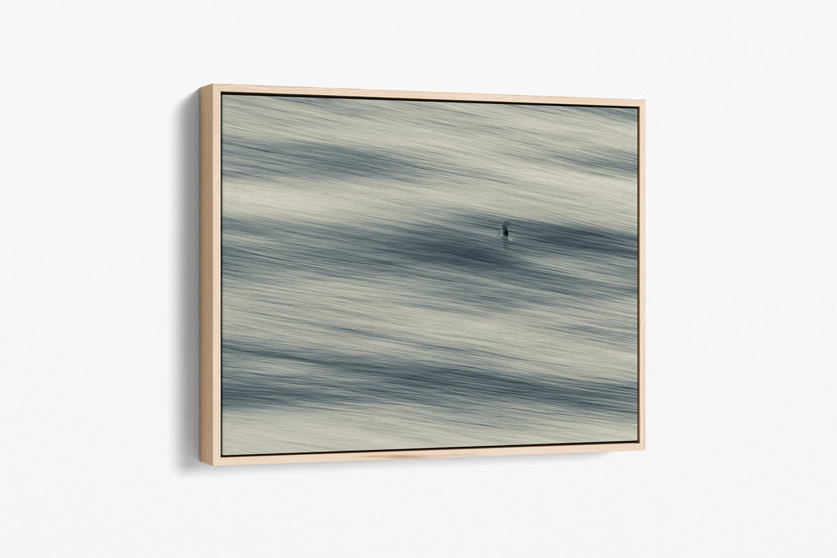 Lone Gull print shown as a canvas in an oak float frame.