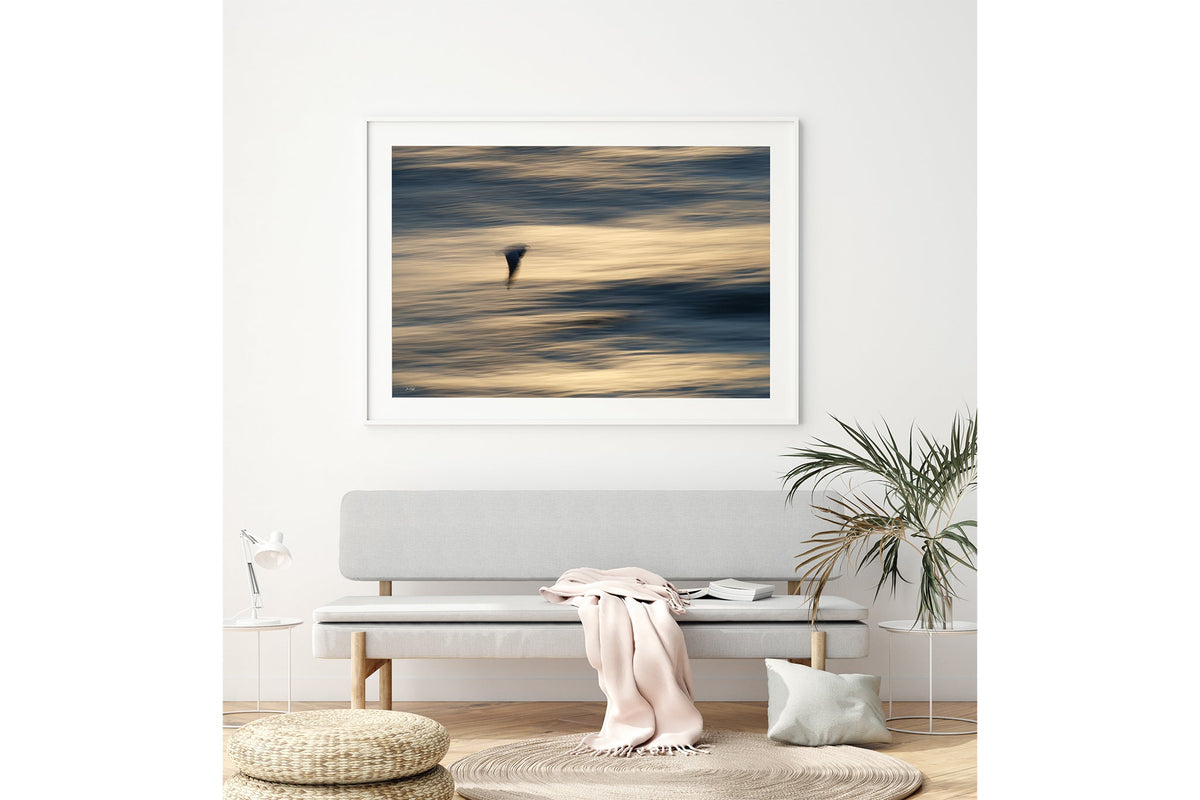 Gliding Gull print shown framed in white above a bench seat.