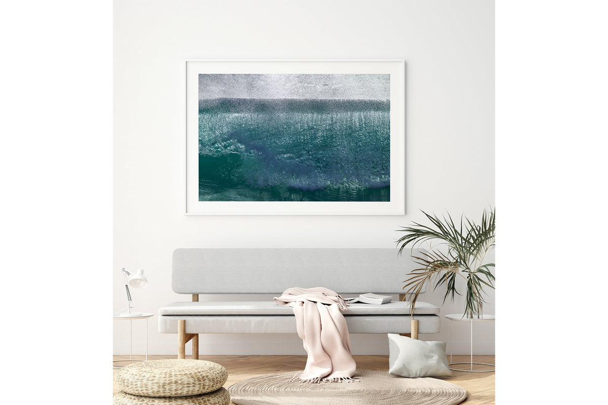 Jade Veil print shown framed in white above a bench seat.