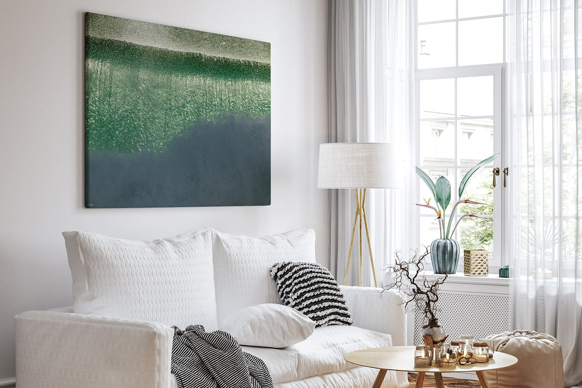 Green Cascade print shown as a canvas print in a white room.
