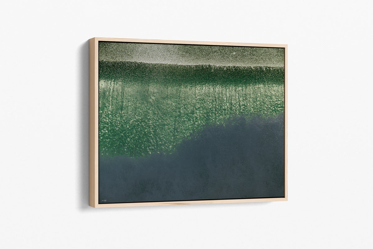 Green Cascade print shown as a canvas in an oak float frame.
