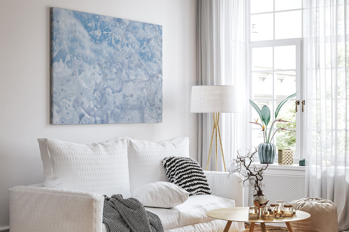 Frozen Splash print shown as a canvas print in a white room.