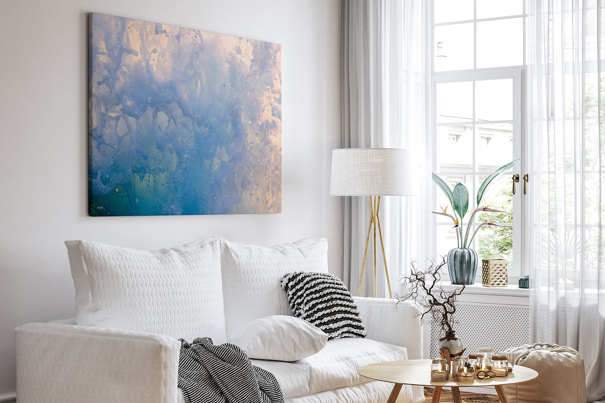 Coral Marble print shown as a canvas print in a white room.