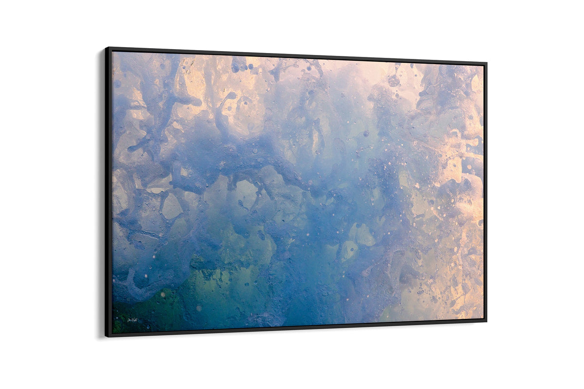 Coral Marble print shown as a canvas in a black float frame.
