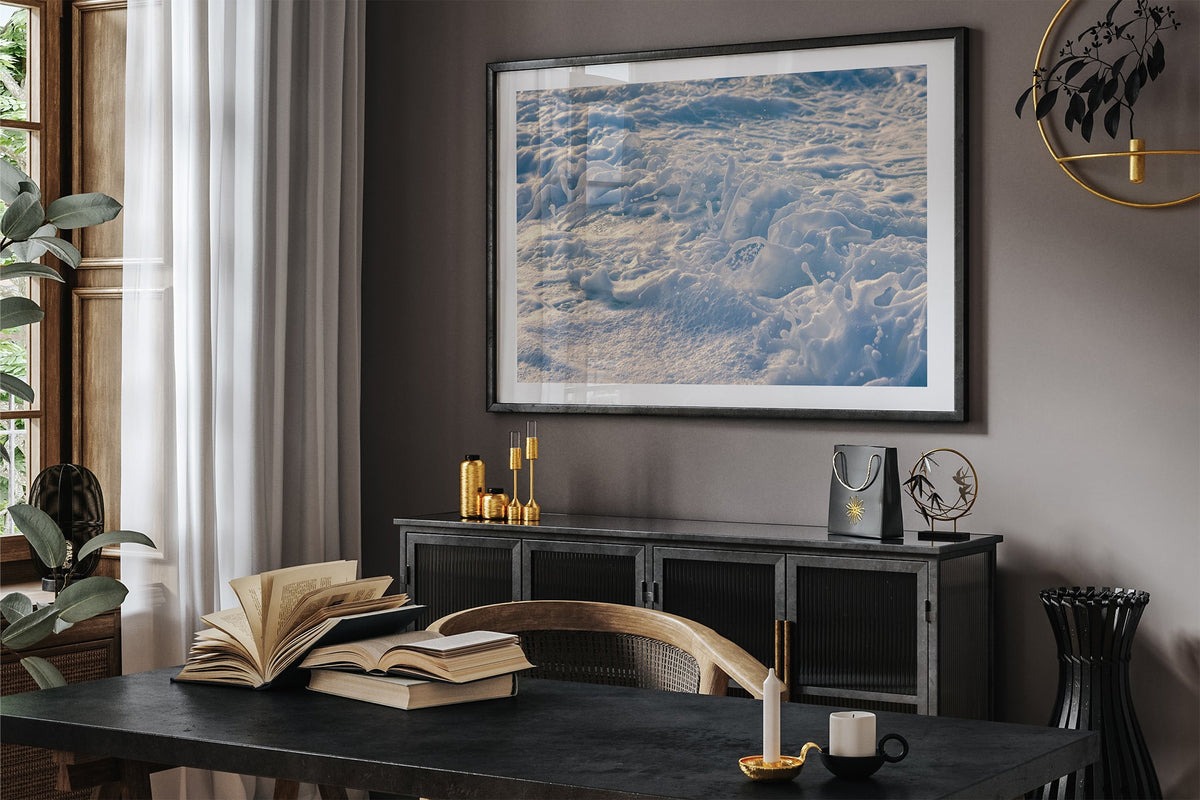 Frost Foam print shown framed in black in a dark room.