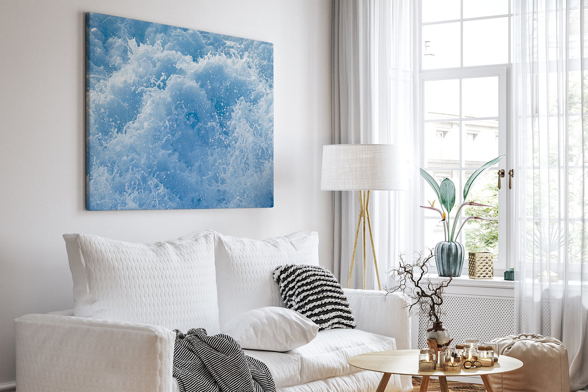 Cobalt Chaos print shown as a canvas print in a white room.