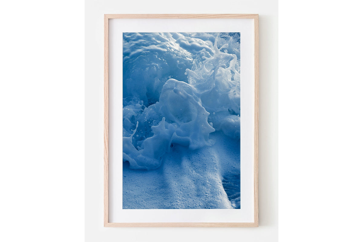 Ice Blue Foam print shown framed in oak with a white mat.