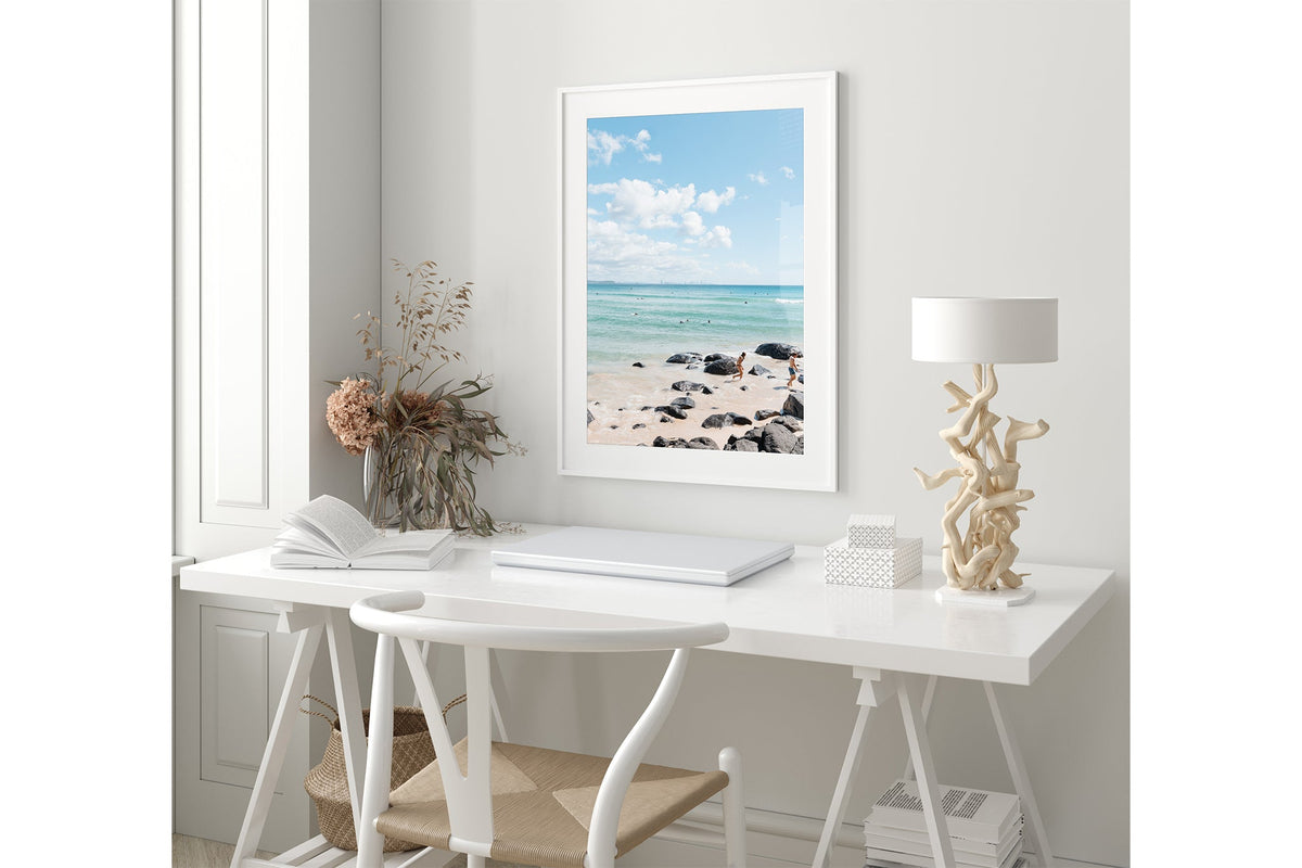 Rocky Shore Skyline print shown framed in white.