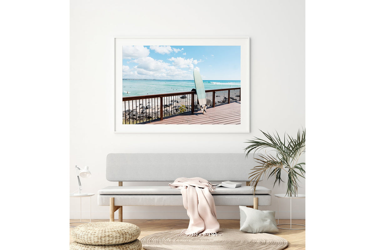 Boardwalk Break print shown framed in white above a bench seat.