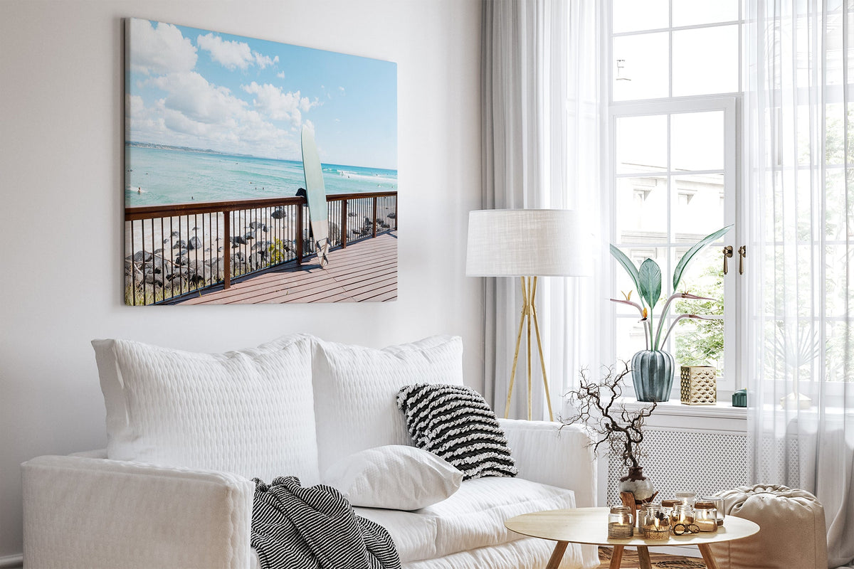 Boardwalk Break print shown as a canvas print in a white room.