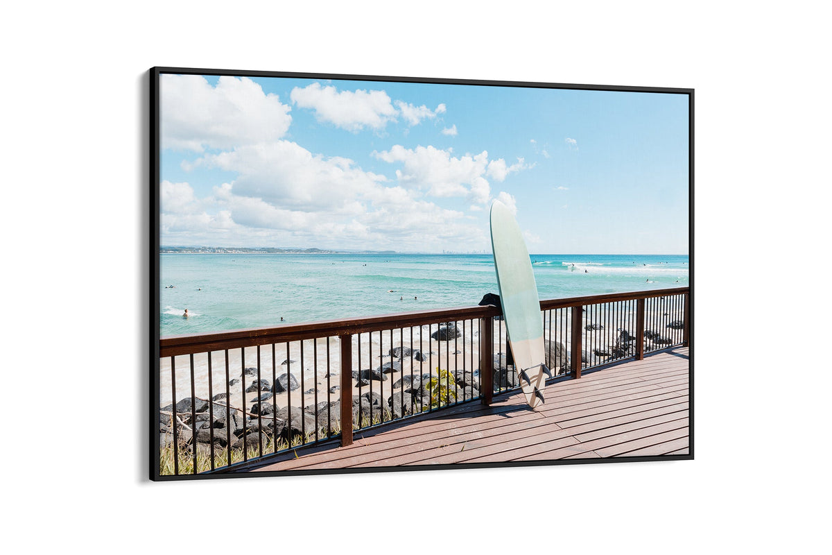 Boardwalk Break print shown as a canvas in a black float frame.