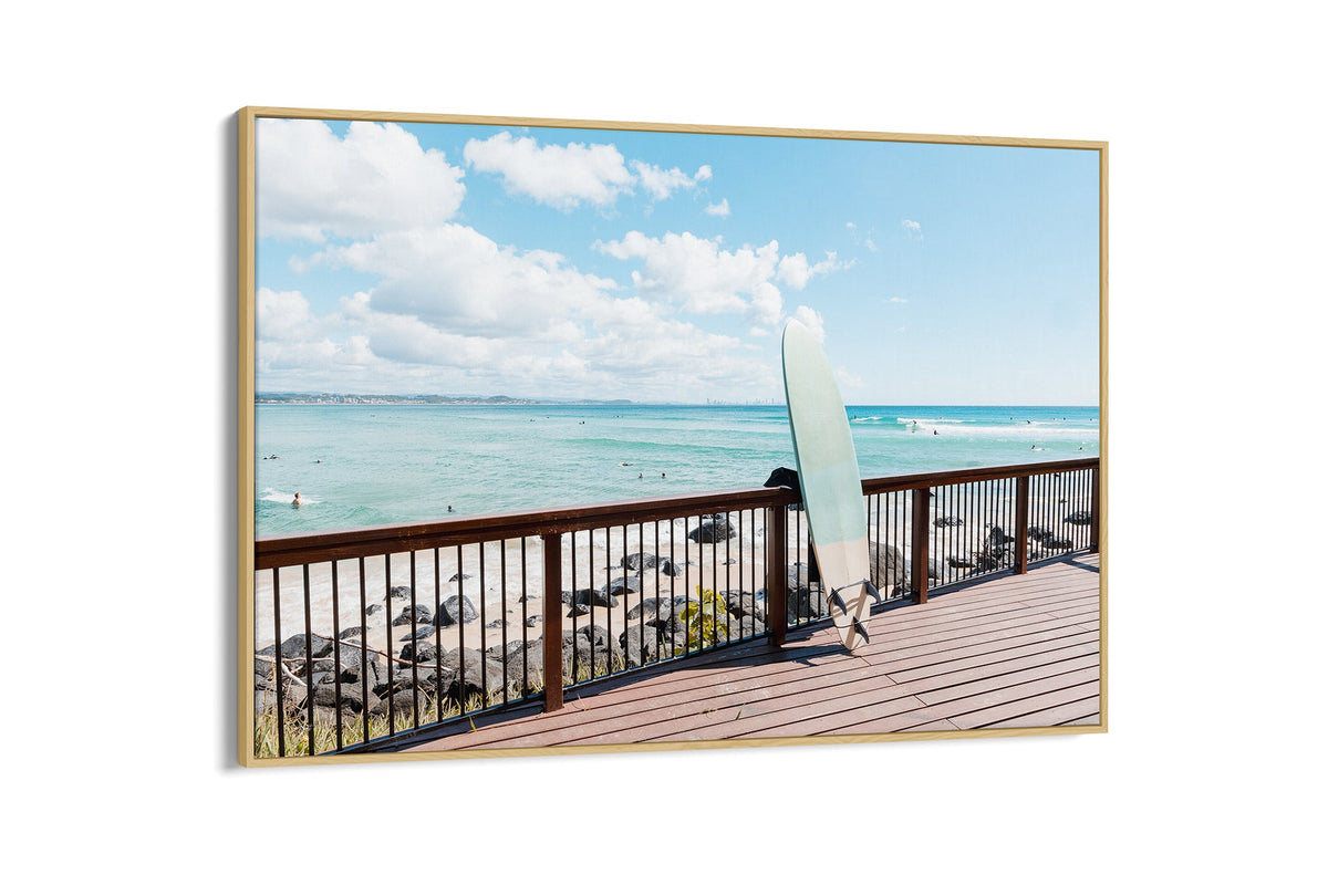 Boardwalk Break print shown as a canvas in an oak float frame.