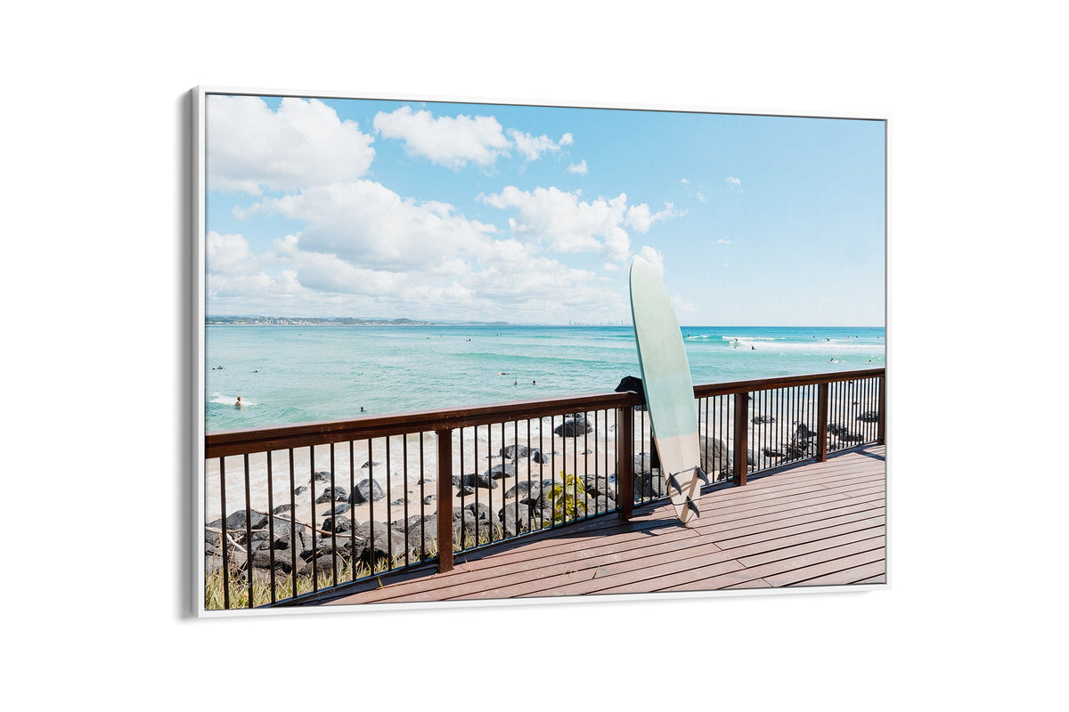 Boardwalk Break print shown as a canvas in a white float frame.